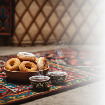 Close-up of golden-brown Baursaks arranged in a traditional wooden bowl, next to small, ornate cups of steaming Kazakh tea. Created using generative AI tools