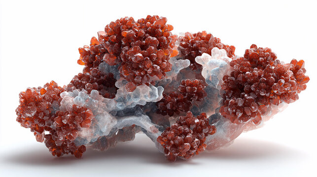 Red mineral cluster on white, highlighting natural beauty