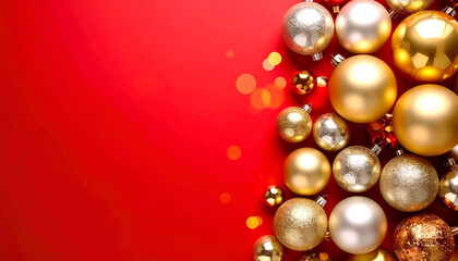 Diseño elegante con bolas y adornos navideños sobre fondo liso rojo para felicitacion y tarjeta de navidad fin de año, año nuevo, con espacio para texto
