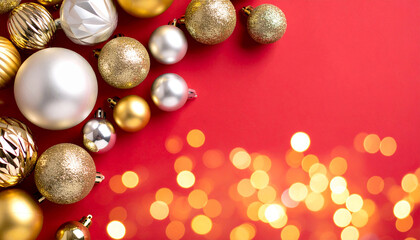 Diseño elegante con bolas y adornos navideños sobre fondo liso rojo para felicitacion y tarjeta de navidad fin de año, año nuevo, con espacio para texto