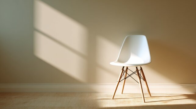 Soft rays of sunlight illuminate a modern chair against a plain wall creating a tranquil atmosphere.