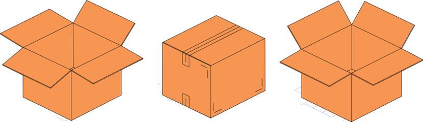 Isometric box illustration, packaging design, cardboard container, open and closed stages, shipping vector, logistics icon, orange artwork