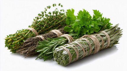 Fresh herbs arranged in bundles on a white background