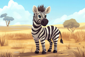 Obraz premium Sunny day in the african savanna: cartoon zebra smiling amidst dry grass, trees, and blue skies with clouds