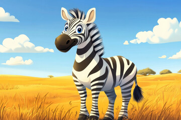 Obraz premium Sunny day in the african savanna: cartoon zebra smiling amidst dry grass, trees, and blue skies with clouds