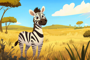 Obraz premium Sunny day in the african savanna: cartoon zebra smiling amidst dry grass, trees, and blue skies with clouds