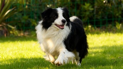 Border Collie Runs on the Lawn, Showing a Dynamic Posture, Conveying the Joyful Emotion of Pets Playing Outdoors, Suitable for Displaying Pet Life Scenarios and Creating a Sense of Pet