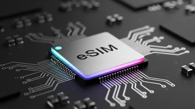 Glowing esim chip on matte black PCB, modern technology aesthetic video