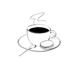 A steaming cup of coffee with a spoon and a cookie on a saucer in black and white line art style