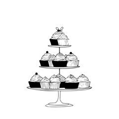 Three tiered stand filled with cupcakes topped with frosting and cherries in a black and white sketch