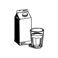 Illustration of a carton of milk with a circular cap and a glass filled with liquid beside it on white