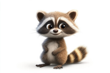 Fototapeta premium Happy cartoon raccoon with paws together, smiling on a bright white background