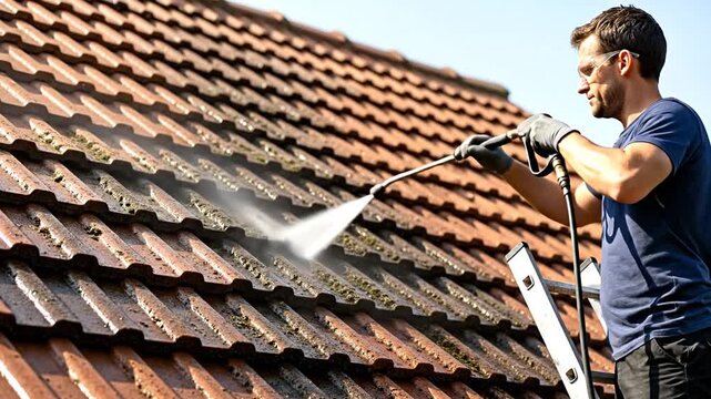 Professional worker expertly cleans tile roof with pressure washing equipment