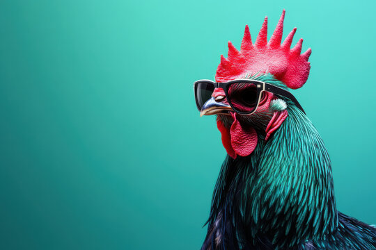 Rooster with sunglasses posing on a vibrant turquoise background, creating a striking and humorous image