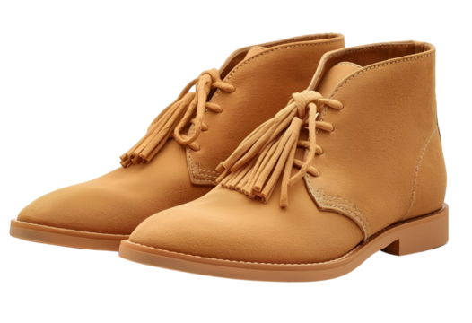 Tan suede leather desert boots with tassels designed for timeless style.