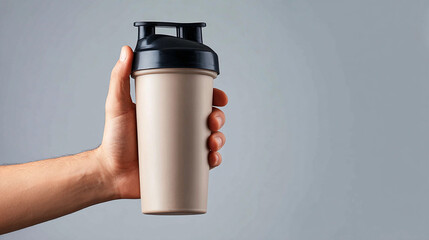 Hand holding a shaker cup for mixing protein drink indoors