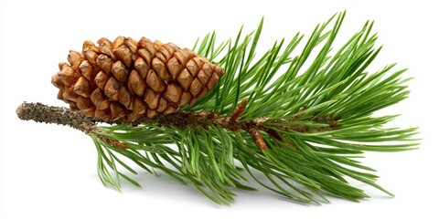 Fototapeta premium A natural pine cone rests on a vibrant green pine branch with sharp needles against a white background