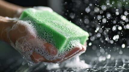Squeaky clean bliss with sudsy green sponge in hand for ultimate cleaning power, sparkling freshness guaranteed and perfect for hygiene promotions