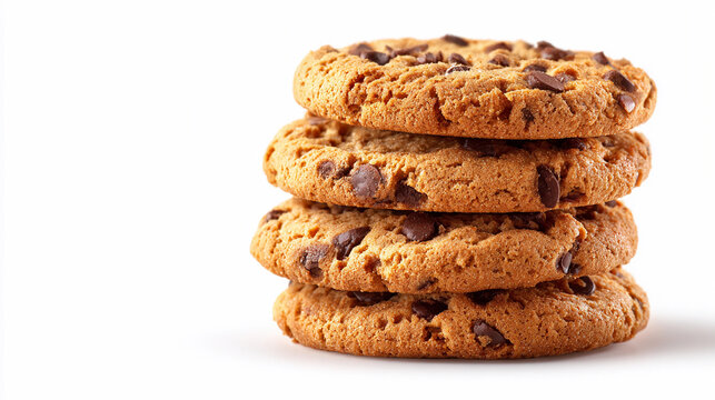 Delicious chocolate chip cookies stacked on a white background