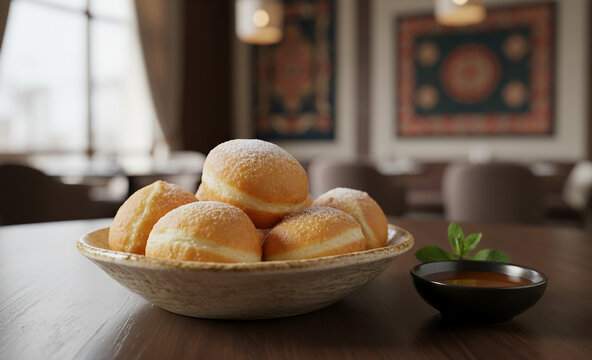 Close-up of golden-fried, fluffy Baursaks (fried dough balls) arranged on a small plate. Created using generative AI tools