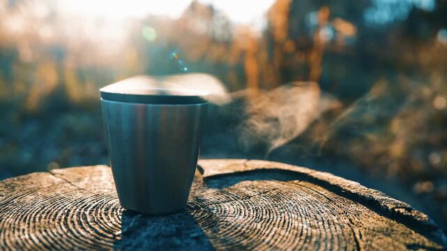 Steaming Hot Beverage in Metal Cup on Tree Stump: Close-Up Autumn Sunset Scene with Warm Vapor Rising | Forest Camping Moment with Golden Light | Fall Wilderness Relaxation and Comfort
