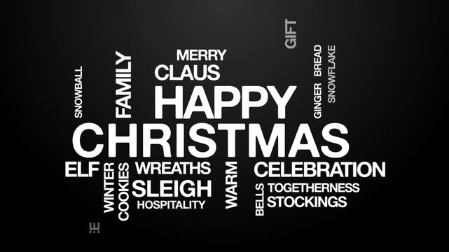 Happy Christmas concept Animated Tag Word Cloud kinetic typography, Text Design Animation typography seamless loop video motion graphics Intro Wordart white type on black bg