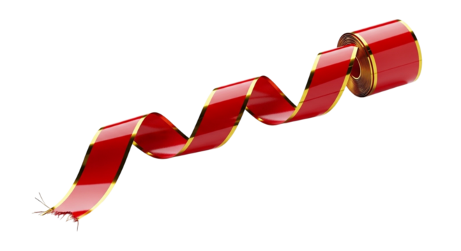 Red and gold ribbon isolated on transparent background, a festive decoration element