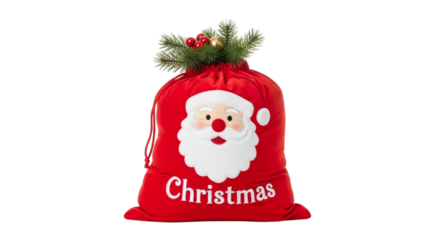 Santas red bag with christmas text isolated on transparent background, gift sack