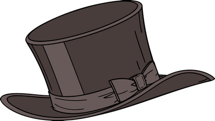 "A studio shot of a classic, elegant dark brown felt top hat. The hat features a tall, cylindrical crown and a narrow, slightly upturned brim. A matching dark brown grosgrain ribbon band with a flat b