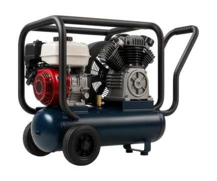 Gas-powered piston compressor with a durable steel frame for remote job sites.