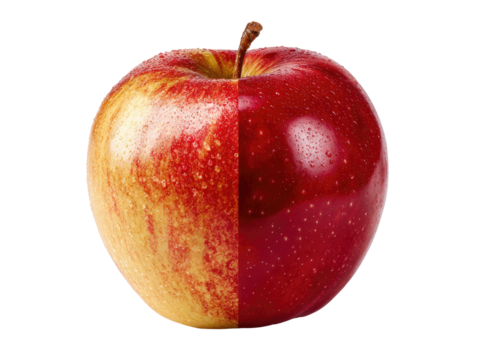 Half-split apple, vibrant red and yellow