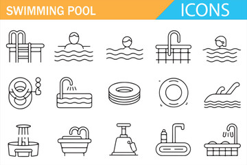 Minimal line art icons of swimming pools, filtration systems, and slides