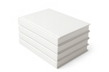 Stack of four white hardcover books on a transparent background, offering a versatile blank mockup for custom designs and text