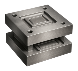 Dual-sided hydraulic press die for concurrent embossing and debossing operations.