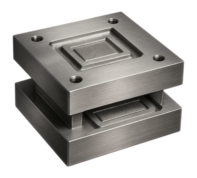 Dual-sided hydraulic press die for concurrent embossing and debossing operations.