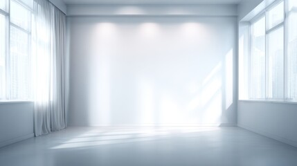 Soft sunlight fills the spacious empty room with bright white walls and elegant curtains.