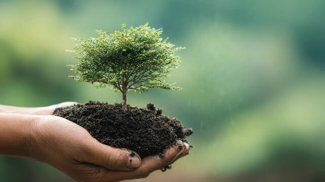 Caring hands cradle young sapling symbolizing environmental conservation and growth
