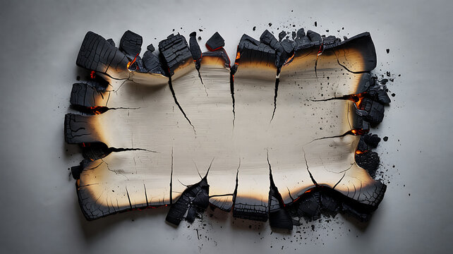 Aged burnt paper border with charcoal and glowing embers