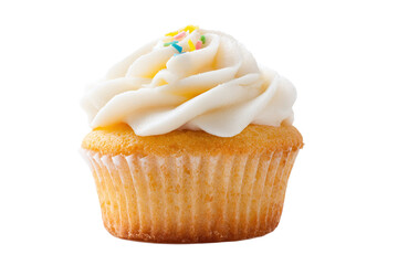 Delicious vanilla cupcake with white frosting isolated on transparent background