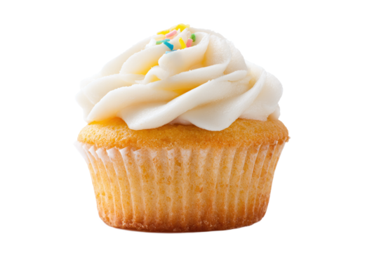 Delicious vanilla cupcake with white frosting isolated on transparent background