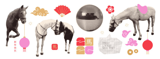Happy Chinees New Year of the Horse art halftone collage stickers set. Modern retro minimalist 2026 holiday elements collection. Translation Happy New year, Horse. Paper mixed media vector design