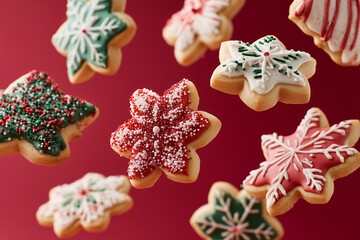 Obraz premium photos of decorated Christmas sugar cookies floating midair, bright red background