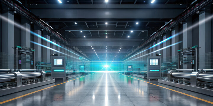 Futuristic factory interior industrial corridor high tech machinery glowing neon lights metallic structure symmetric perspective long exposure effect stainless steel polished floor blue cyan - Powered by Adobe