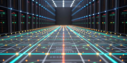 Futuristic data center corridor with glowing grid lines server rack aisle network nodes digital infrastructure cybersecurity cloud computing artificial intelligence machine learning big data