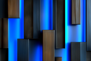Staggered dark ebony wood and matte black metal panels with vibrant electric blue neon glow from behind, high contrast, modern minimalist 3D wall art.