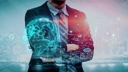 A businessman with a digital world map overlay symbolizes the intersection of technology and business in a modern corporate landscape, showcasing innovation and global connectivity. Xenic - Powered by Adobe