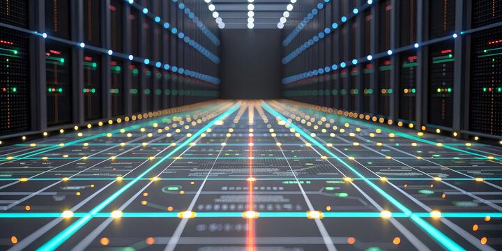 Futuristic data center corridor with glowing grid lines server rack aisle network nodes digital infrastructure cybersecurity cloud computing artificial intelligence machine learning big data
