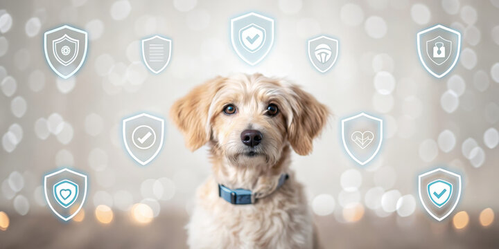 Golden dog pet insurance protection safety shield icon policy coverage health care vet wellness plan gently surround cute mixed breed with bokeh glow, hopeful and secure mood