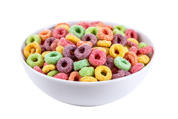 Bowl of colorful fruit loops isolated on transparent background for breakfast