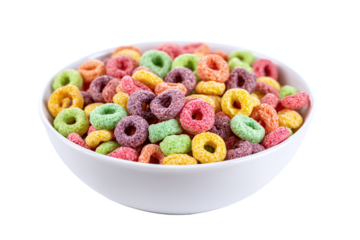 Bowl of colorful fruit loops isolated on transparent background for breakfast